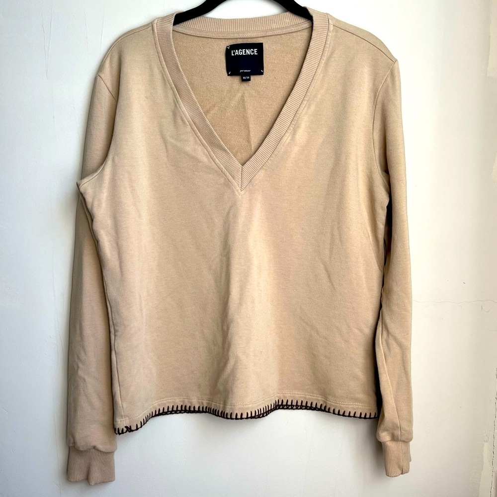 L'AGENCE v neck sweatshirt with contrast top stitching